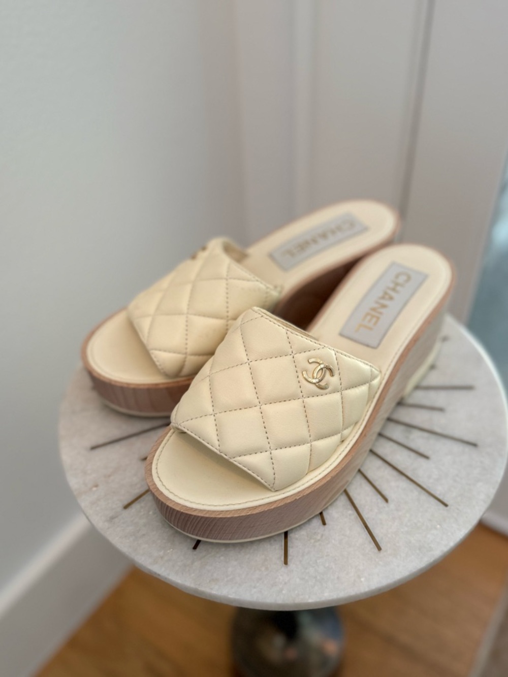 CHANEL Cream Quilted Slide Mules with Gold CC Emblem